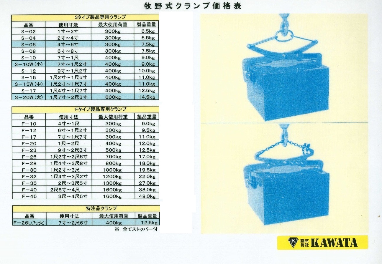 牧野鉄工所【激安】MAKINO マキノ 石材クランプ　600kg　0.6t 牧野式 クランプ SFタイプ 石材　墓石 吊り具 吊具 吊る はさむ つかむ 牧野鉄工所 | KAWATA｜津山｜石材工具・石材機械販売